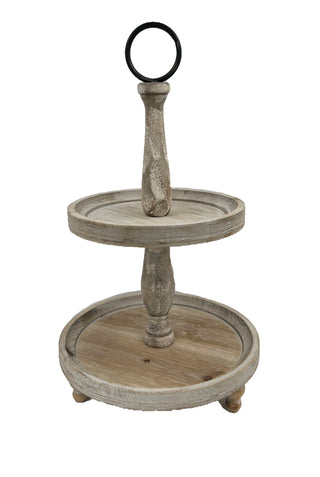 Weathered Two-Tiered Wooden Tray with Metal Handle