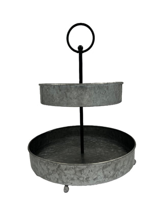 Galvanized Metal Two-Tiered Tray with Metal Hooped Handle