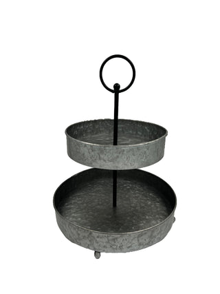 Galvanized Metal Two-Tiered Tray with Metal Hooped Handle