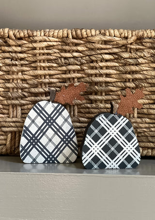 Black & White Plaid Wooden Pumpkin Decor with Stem & Leaf, 2-Piece Set