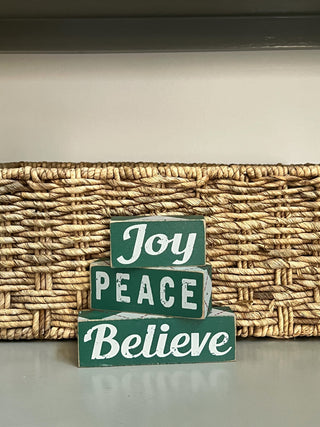 Plaid "Joy, Believe, Peace" Wooden Blocks Christmas Accent Decor, 3-Piece Set