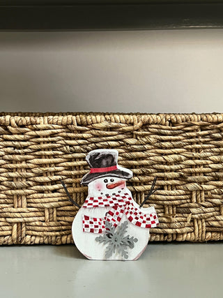 Wooden Snowman Sitter with Metal Snowflake Accent Decor